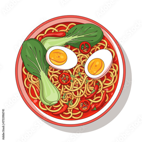 Spicy Ramen Bowl with Noodles, Boiled Eggs, Fresh Bok Choy, Red Chili Peppers, and Tomato Slices in Red Broth - Traditional Asian Cuisine Vector