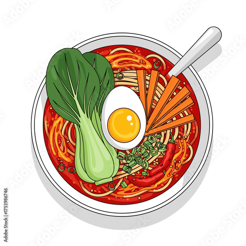 Rich Ramen Bowl with Half-Boiled Egg, Bok Choy, Sliced Carrots, Green Onions, and Chili in Flavorful Red Broth - Savory Asian Noodle Soup Vector