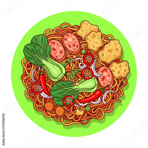 Top View of Savory Asian Noodles with Slices of Sausage, Fresh Bok Choy, Chili, Onion, and Fried Wontons on a Plate - Vibrant Food Illustration