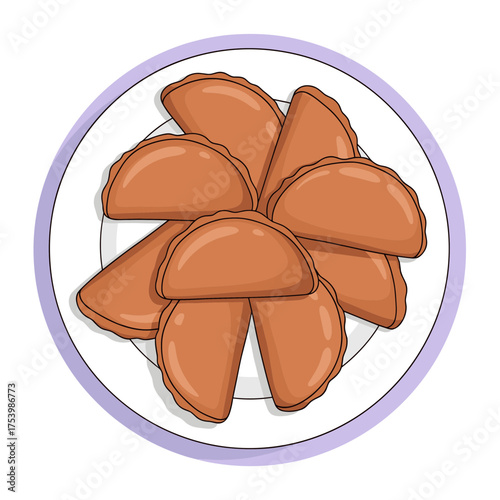Traditional Half-Moon Shaped Fried Dumplings or Pastries, Arranged Artfully on a White Plate, Overhead View - Savory Asian Snack Vector