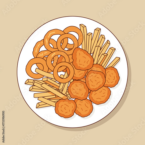 Variety Platter of Classic Fried Snacks: Chicken Nuggets, Golden French Fries, and Crispy Onion Rings on a Plate - Popular Fast Food Vector