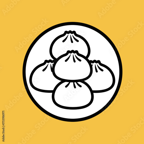 Five Traditional Chinese Dumplings or Steamed Bao Buns on a Plate Illustration