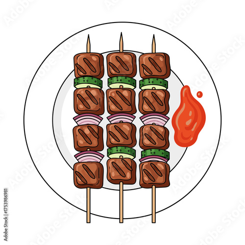 Indonesian Beef Satay Skewers with Cucumber, Onion, and Chili Sauce on White Plate