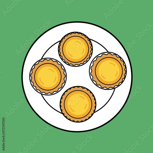 Four Golden Round Tarts or Mini Pies with Sweet Yellow Filling on a White Plate, Top View Dessert Illustration