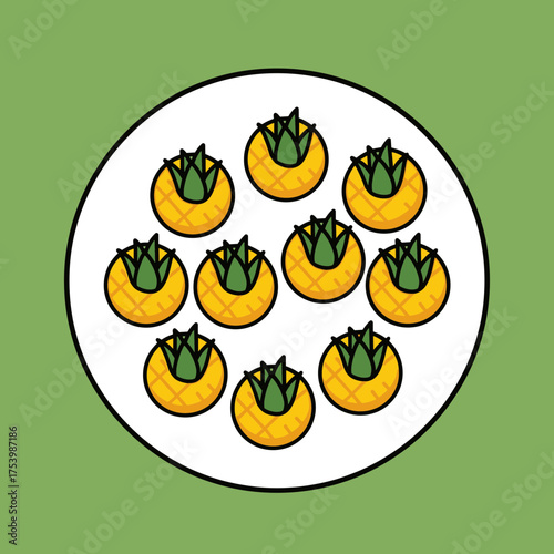Plate of Small Decorative Pineapples or Pineapple Shaped Desserts, Tropical Fruit Arrangement Illustration