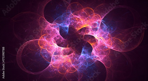 Abstract artwork of swirling, glowing energy with pink, orange, and blue hues against dark