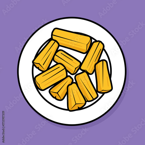 Plate of Golden Fried Cassava Sticks or Root Vegetable Fries, Savory Snack Food Illustration