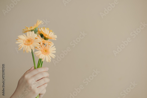 オレンジ色のガーベラの花束を持つ女性の手