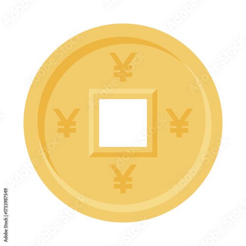 Golden coin with Japanese Yen symbol, featuring a square hole in the center. Ideal for finance, currency, and Asian economy concepts.