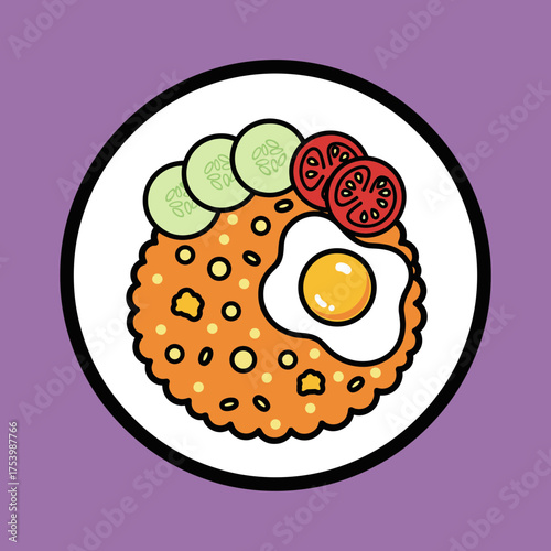 Appetizing vector illustration of Nasi Goreng, Indonesian fried rice, with a fried egg, cucumber, and tomato slices on a plate.