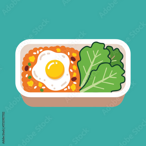 Top-down view vector illustration of Nasi Goreng or fried rice with a fried egg and fresh lettuce in a takeaway container.