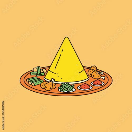 Nasi Tumpeng Yellow Rice Cone on a Round Plate with Various Side Dishes