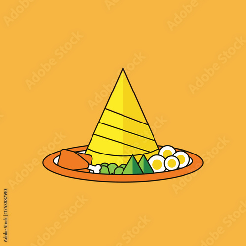 Minimalist Nasi Tumpeng with Fried Chicken, Vegetables, and Boiled Eggs on Orange Background