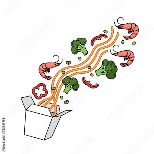 Noodles with Shrimp, Broccoli, and Bell Peppers Flying Out of a Takeaway Box