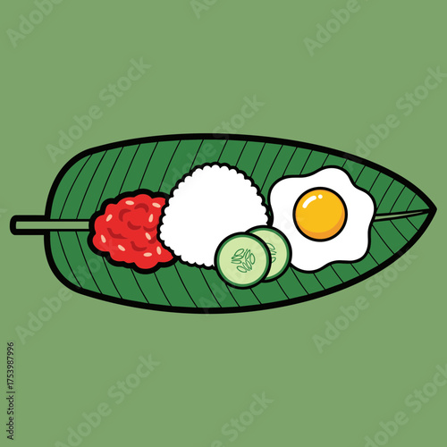Classic Nasi Lemak Serving with Rice, Fried Egg, Sambal, and Cucumber on Banana Leaf