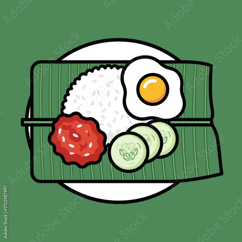 Minimalist Nasi Lemak with Rice, Fried Egg, Sambal, and Cucumber on Banana Leaf