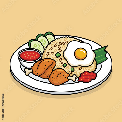 Nasi Goreng Fried Rice with Sliced Chicken, Fried Egg, and Cucumber on Plate