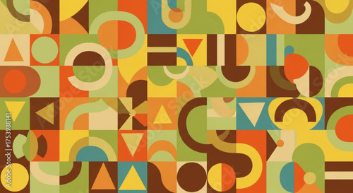 Retro geometric pattern background with colorful shapes, creating a vibrant and eyecatching design reminiscent of vintage aesthetics and modern art trends