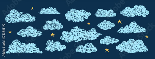 Blue crayon cloud collection with stars. Dreamy night sky doodles for bedroom decor or storybooks. Vector illustration.
