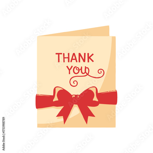 Light yellow folded greeting card with the words thank you in red letters and decorative swirl, tied with red ribbon and bow
