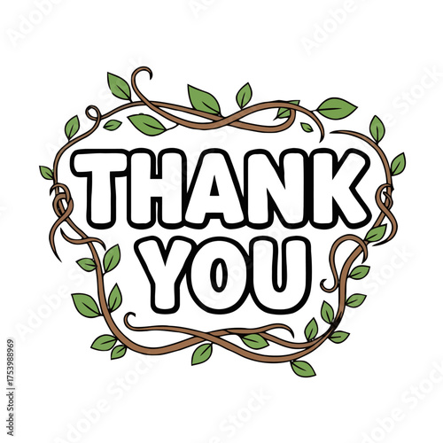 Handdrawn thank you text framed by vine and leaves
