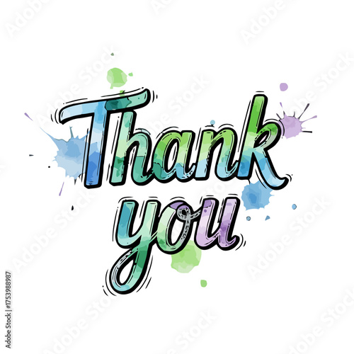 Watercolor thank you text with blue and green hues and paint splatters