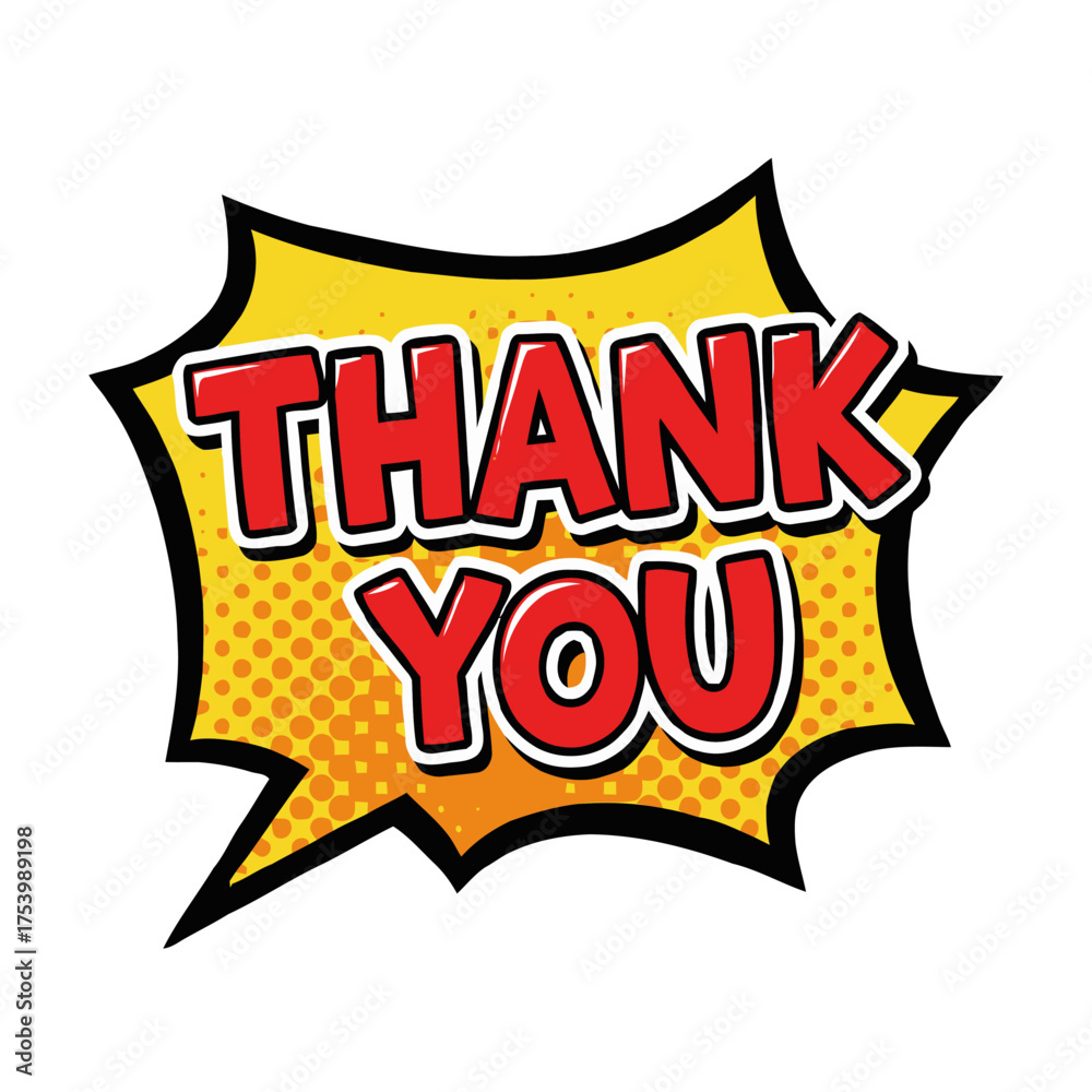 Fototapeta premium Comic book style thank you text in yellow burst shape with black outline, isolated on transparent