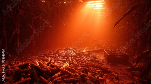 Corn stalks and bins in a dimly lit,  orange-toned warehouse