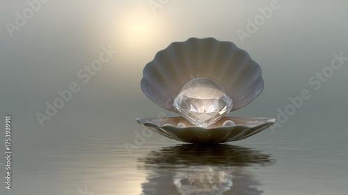 A pearl-like gem in an open scallop shell