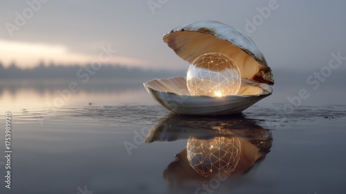A luminous sphere nestled within an open seashell,  reflecting on still water.  Sunrise/sunset hues in the background