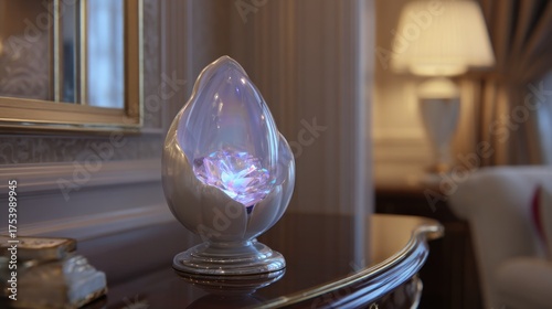 Ornate, glowing, sculpted object on a dark wooden surface.  Interior setting