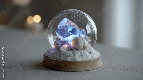 A crystal-clear glass snow globe, showcasing a vibrant blue crystal, rests on a wooden base, nestled in faux snow. Soft, ambient light illuminates the scene