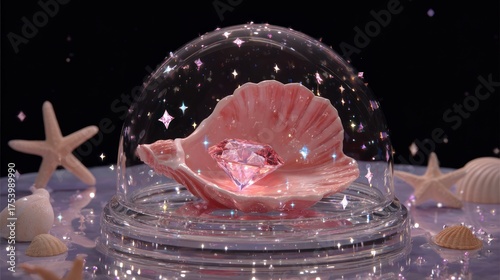 A pink seashell, holding a sparkling diamond, is nestled within a crystal dome, surrounded by seashells and shimmering sparkles