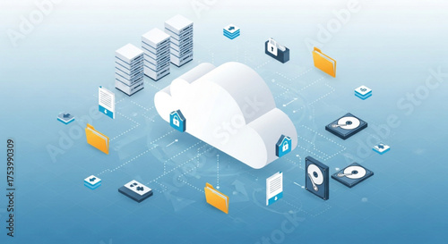 Isometric cloud computing illustration depicting data storage, security, and network connectivity for business and technology