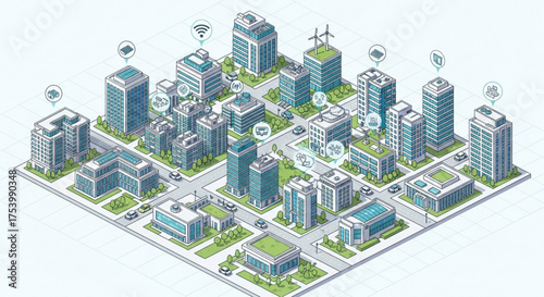 Isometric smart city illustration showcasing sustainable urban development with green energy, technology, and interconnected systems
