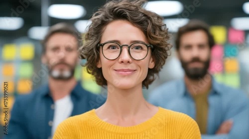 Confident young woman with curly hair wearing glasses smiling in a collaborative office environment with diverse team members behind her