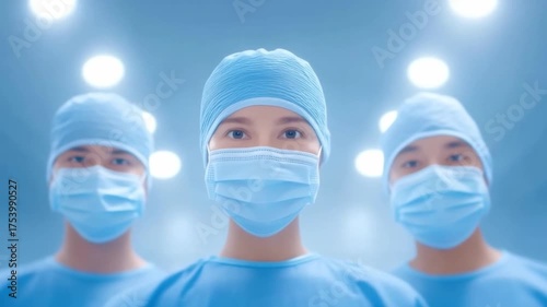 Group of medical professionals wearing surgical masks and caps in a clinical environment with a bright, sterile atmosphere