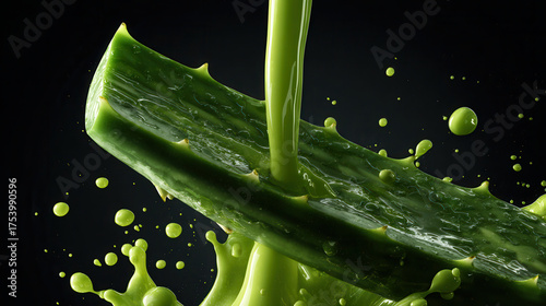 Fresh aloe vera leaf releasing green gel in a dynamic splash against a dark background