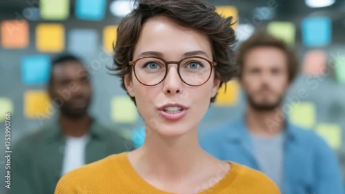 Young woman with glasses smiling confidently in busy office environment with colorful sticky notes in background