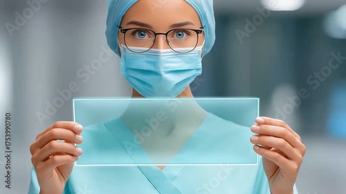 Medical professional wearing blue scrubs and protective gear holds a transparent screen in a hospital environment