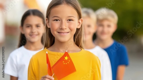 Joyful child with Chinese flag smiling in bright outdoor setting with friends in background celebrating cultural pride