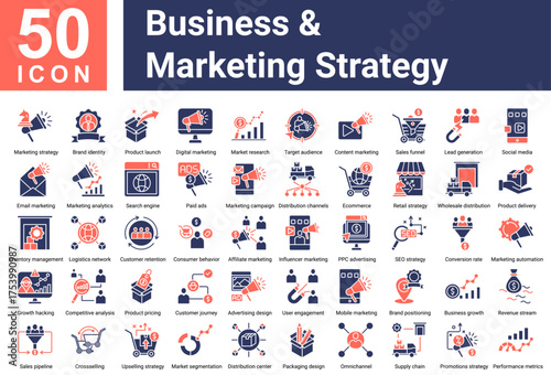 Minimalist Business & Marketing Strategy Glyph Color icons set with editable stroke, featuring:  Marketing strategy,Brand identity,Product launch,Digital marketing,Market research,Target audience