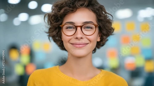 Young woman with curly hair and glasses smiling in a bright indoor space filled with colorful sticky notes on boards