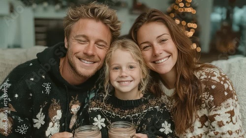 Family Celebration with Hot Chocolate in Cozy Sweaters Surrounded by Holiday Decor and Joyful Smiles in a Warm Home Setting