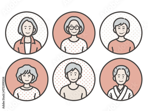 グレイヘアのシニア女性のアイコンイラストセット
