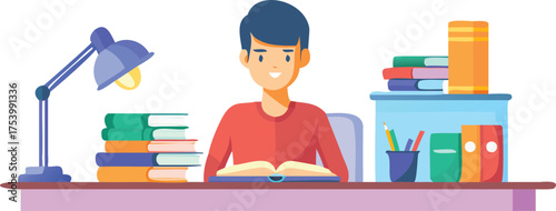 A man is seated at a desk with a lamp and books, engaged in reading or writing.