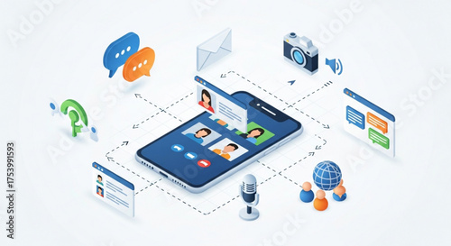 Isometric vector illustration of a smartphone with a video call interface, surrounded by icons representing communication, technology, and global connectivity