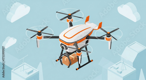 Isometric drone delivering package modern air delivery service quadcopter with parcel unmanned aerial vehicle innovation technology vector illustration