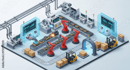Isometric view of a modern automated factory with robotic arms, conveyor belts, control panels, and forklifts, showcasing industrial automation and efficiency