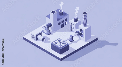 Isometric factory with robotic arms and control panel, showcasing automation and industrial processes in a simplified, clean design with a blue color palette